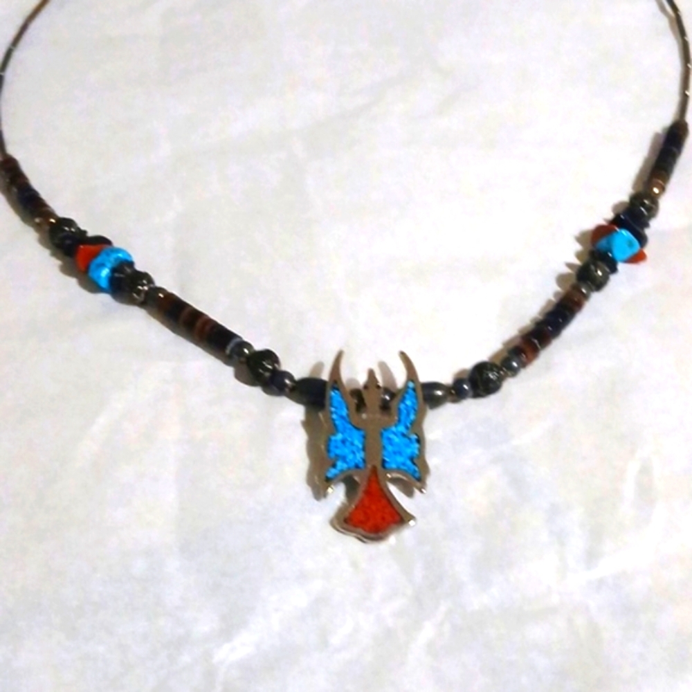 Vintage Peyote Bird Turquoise Coral Heishi Native Style Necklace